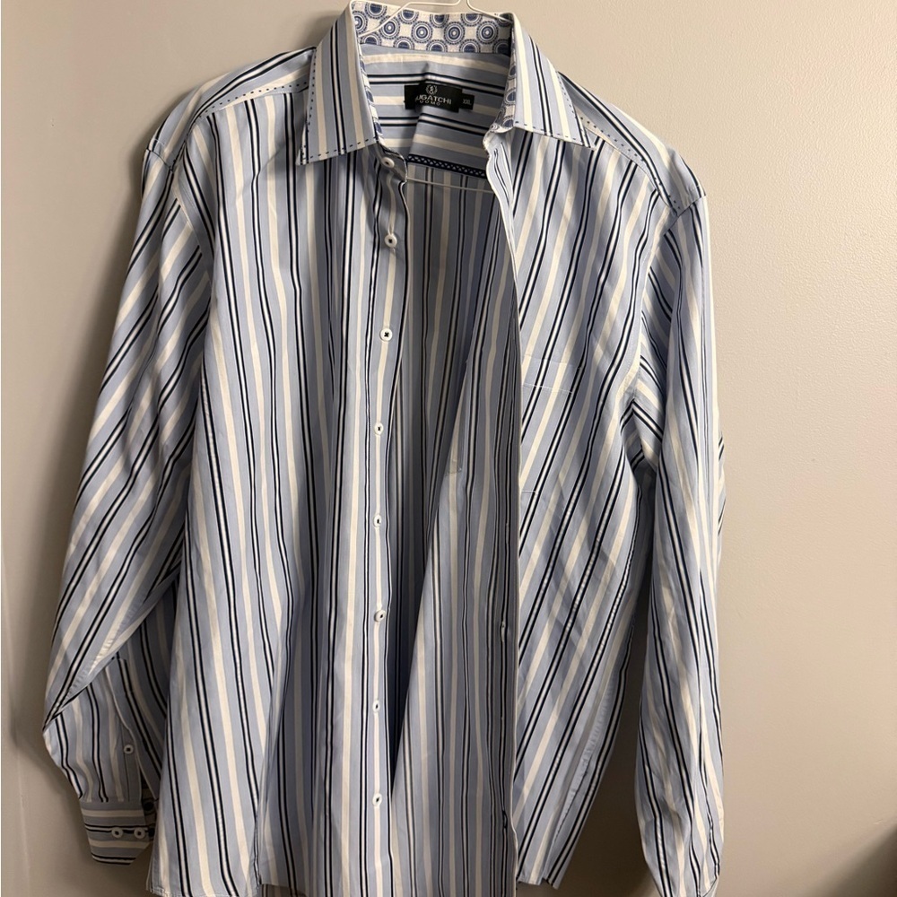 Bugatchi Uomo XXL Blue Striped Long Sleeve Dress Shirt